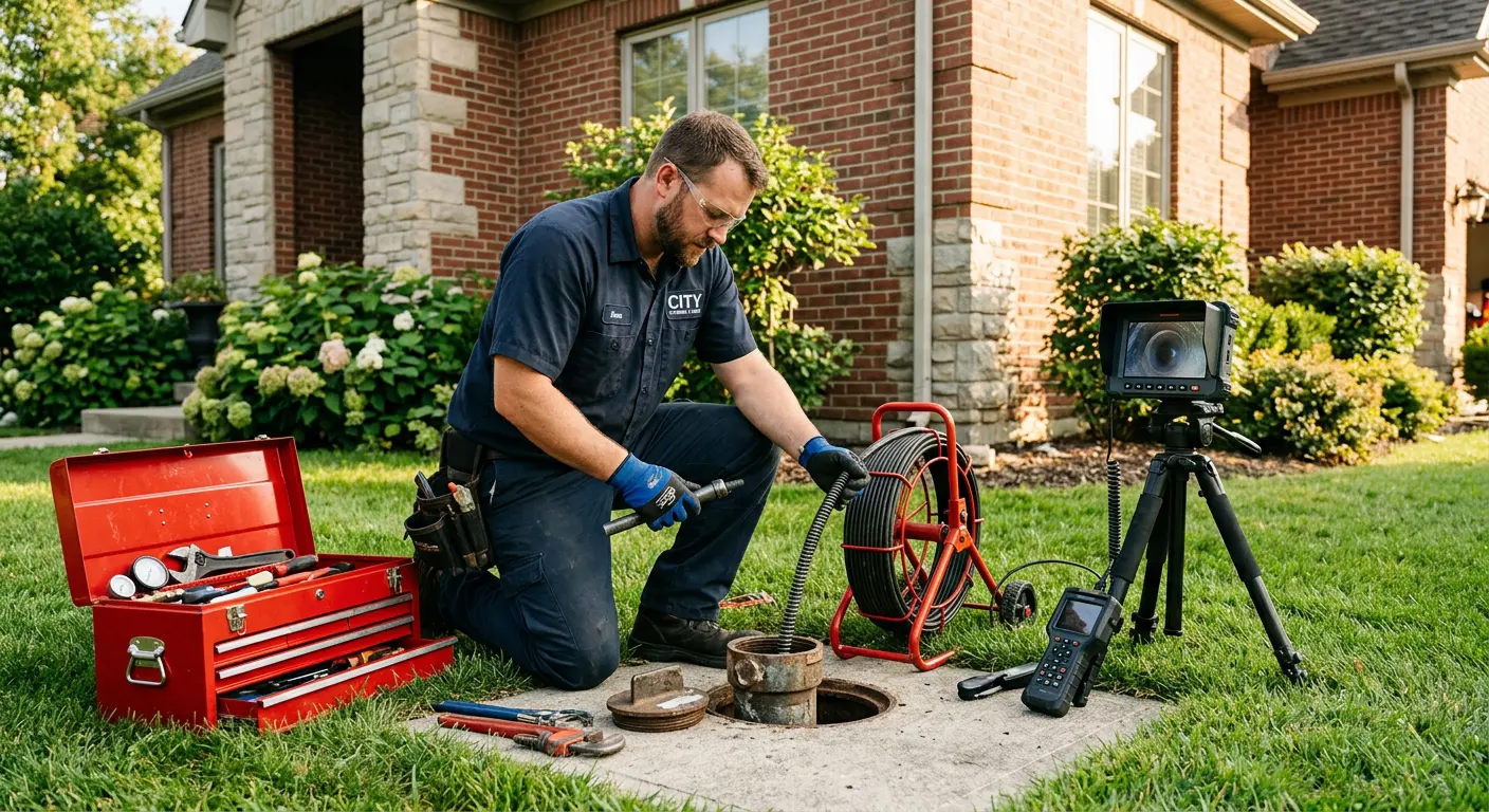 Sewer specialist with camera equipment servicing a cleanout in Columbia