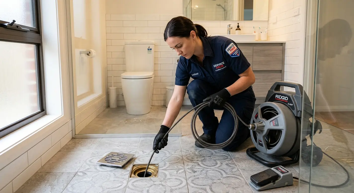 Technician clearing a bathroom floor drain for Drain Cleaning in Columbia